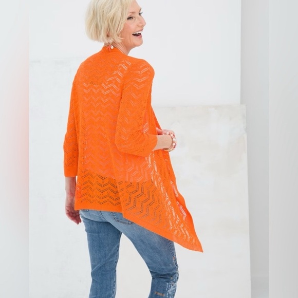 Chicos Size 3 (XL) Lily Open Knit Cardigan Sweater Long Sleeve Orange Shark Bite - Picture 3 of 12